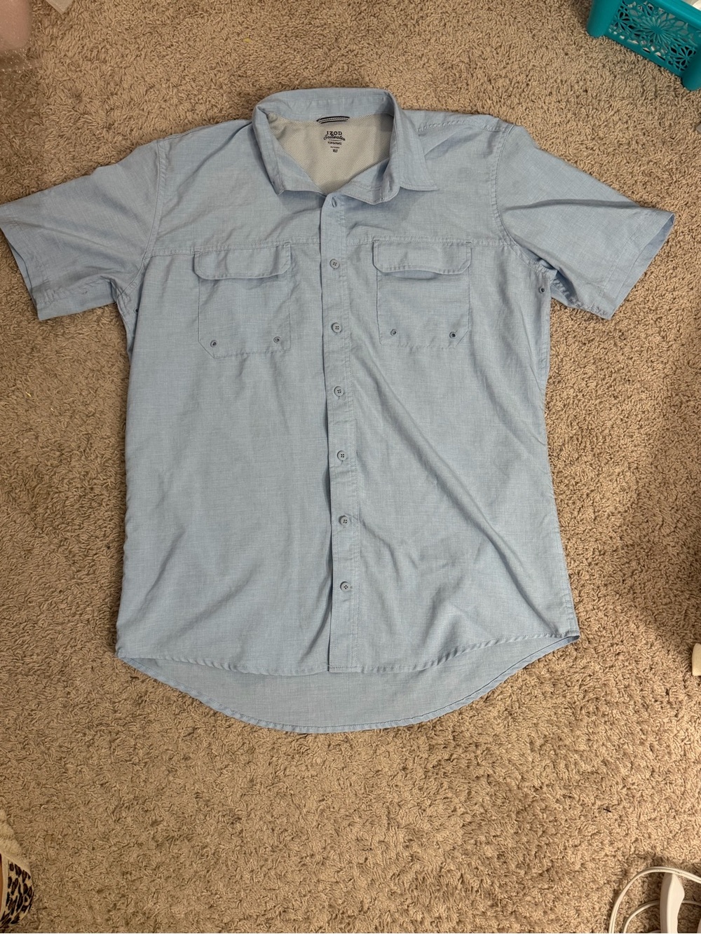 Izod Saltwater Performance Light Blue Short-Sleeve Button-Down Shirt vented UVP